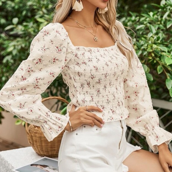 Floral blouse ruched flower off shoulder top womens boho apricot cream - Picture 6 of 6